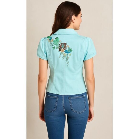 Live A Little Aqua Blue Embroidered Rhinestone Lightweight Jacket Size Medium - Picture 15 of 15